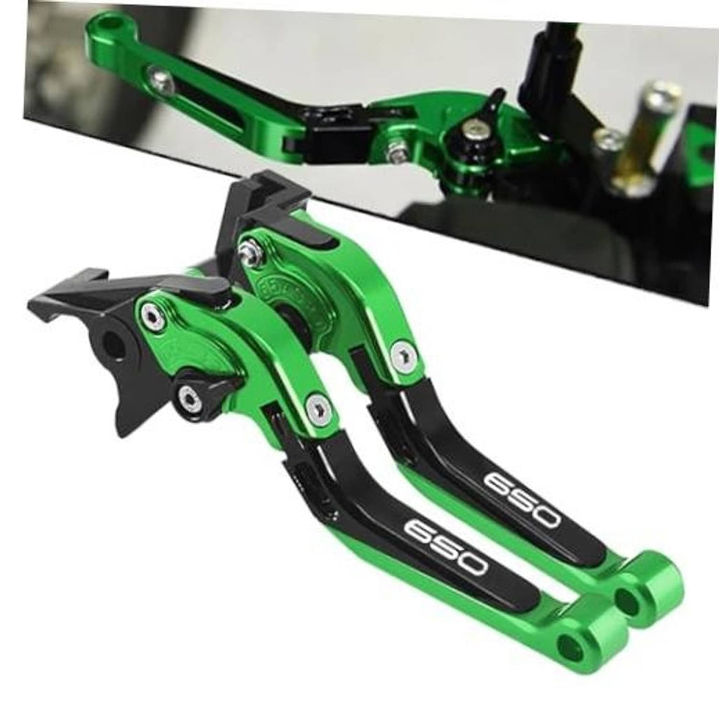 Green and black motorcycle brake/clutch lever set with 650-style branding