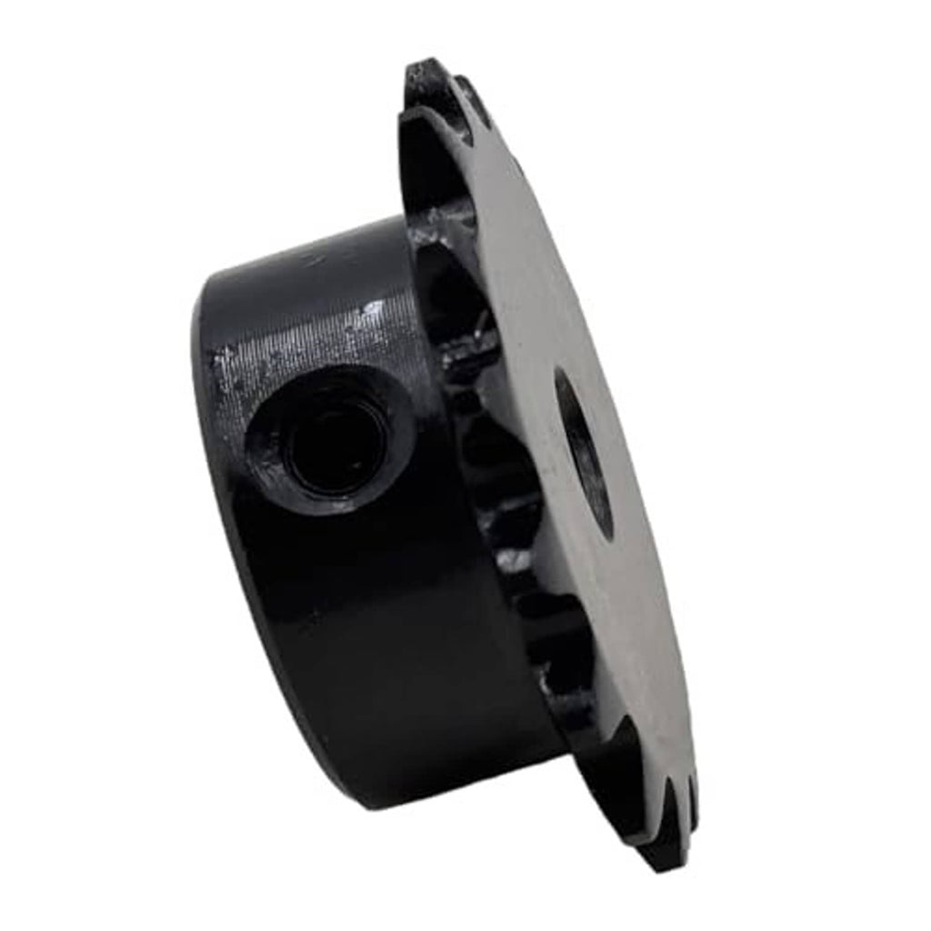 Black roller chain sprocket, angled side view showing toothed edge and circular 6mm bore