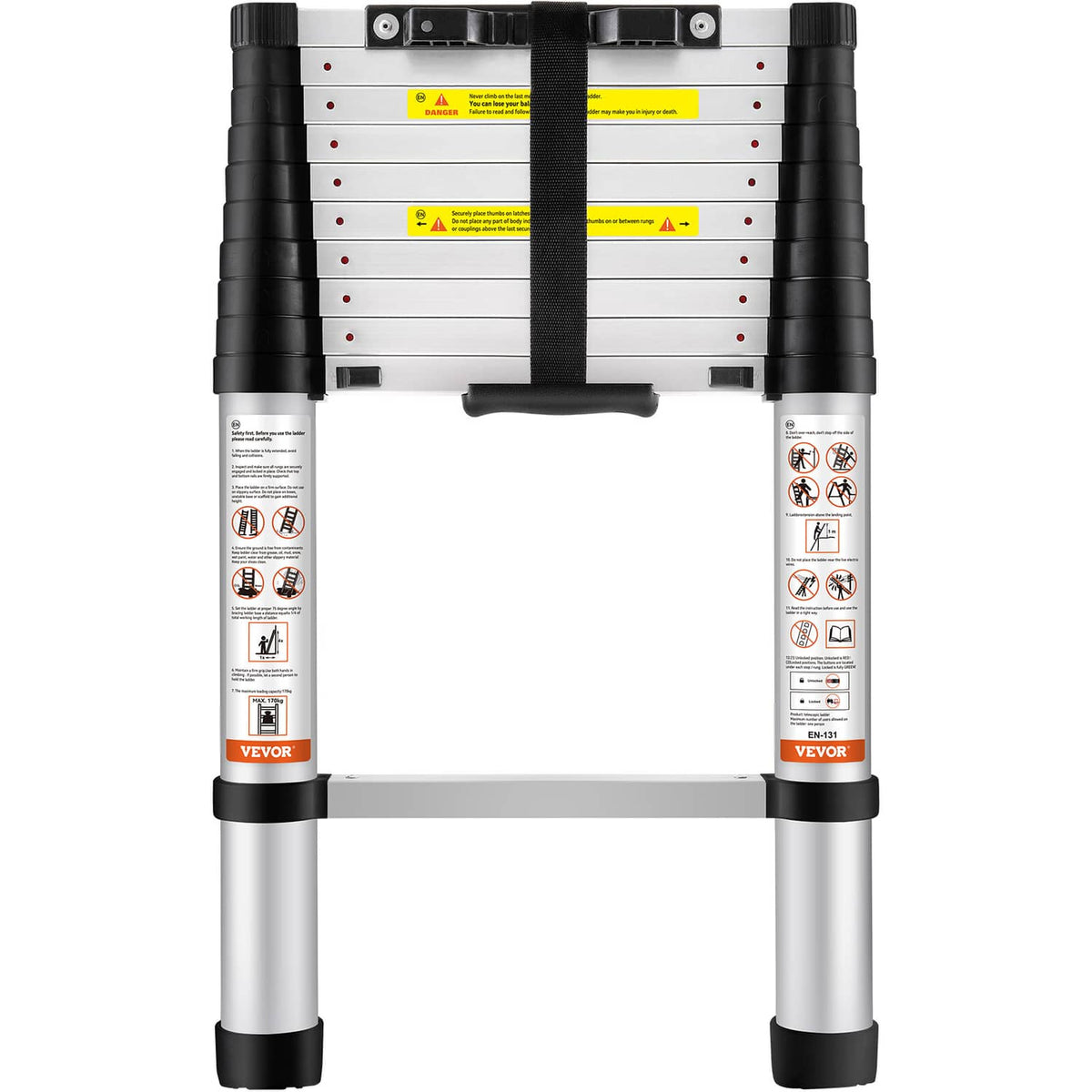 Telescoping aluminum ladder with black center strap, white step panels, and silver legs