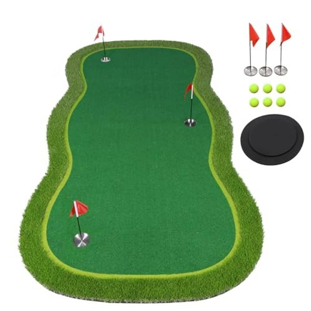 Golf putting green mat, green practice turf with four metal cup holes and red flags
