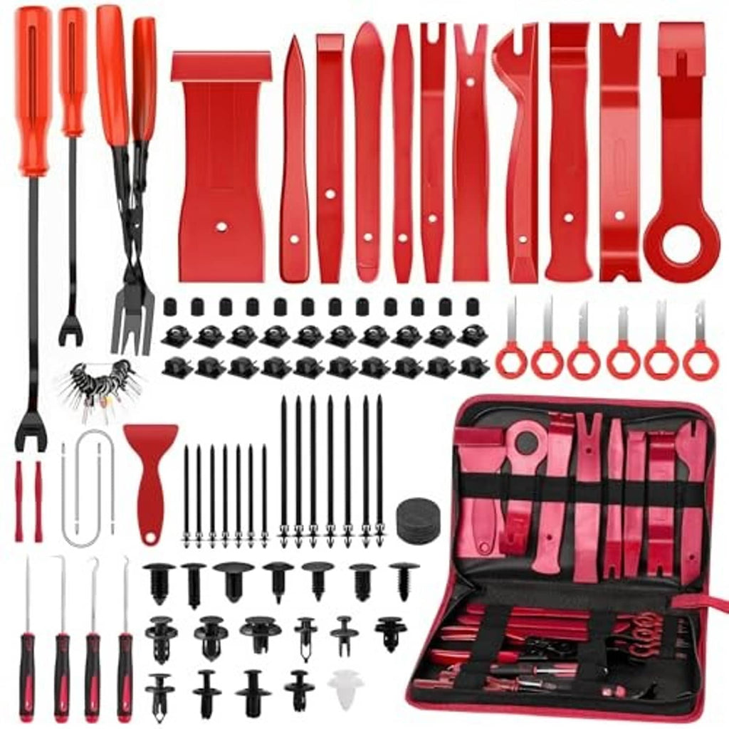 Auto trim removal tool kit assortment with pry bars, fastener removers, and case