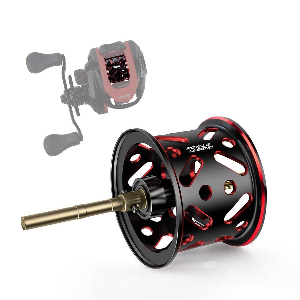 Ultra-light black fishing reel with red-and-silver spool and crank handle.