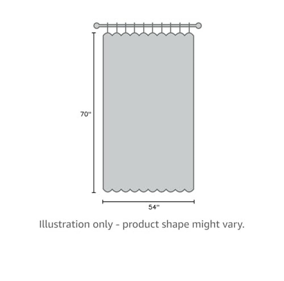 Shower curtain liner illustration with 70 in length, 54 in width, snap top.