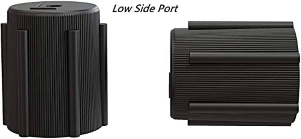 Pair of black AC valve caps for high- and low-side ports, ribbed texture, hex top