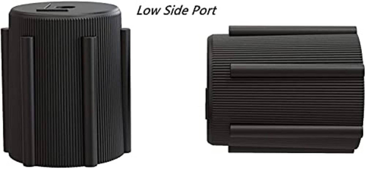 Pair of black AC valve caps for high- and low-side ports, ribbed texture, hex top