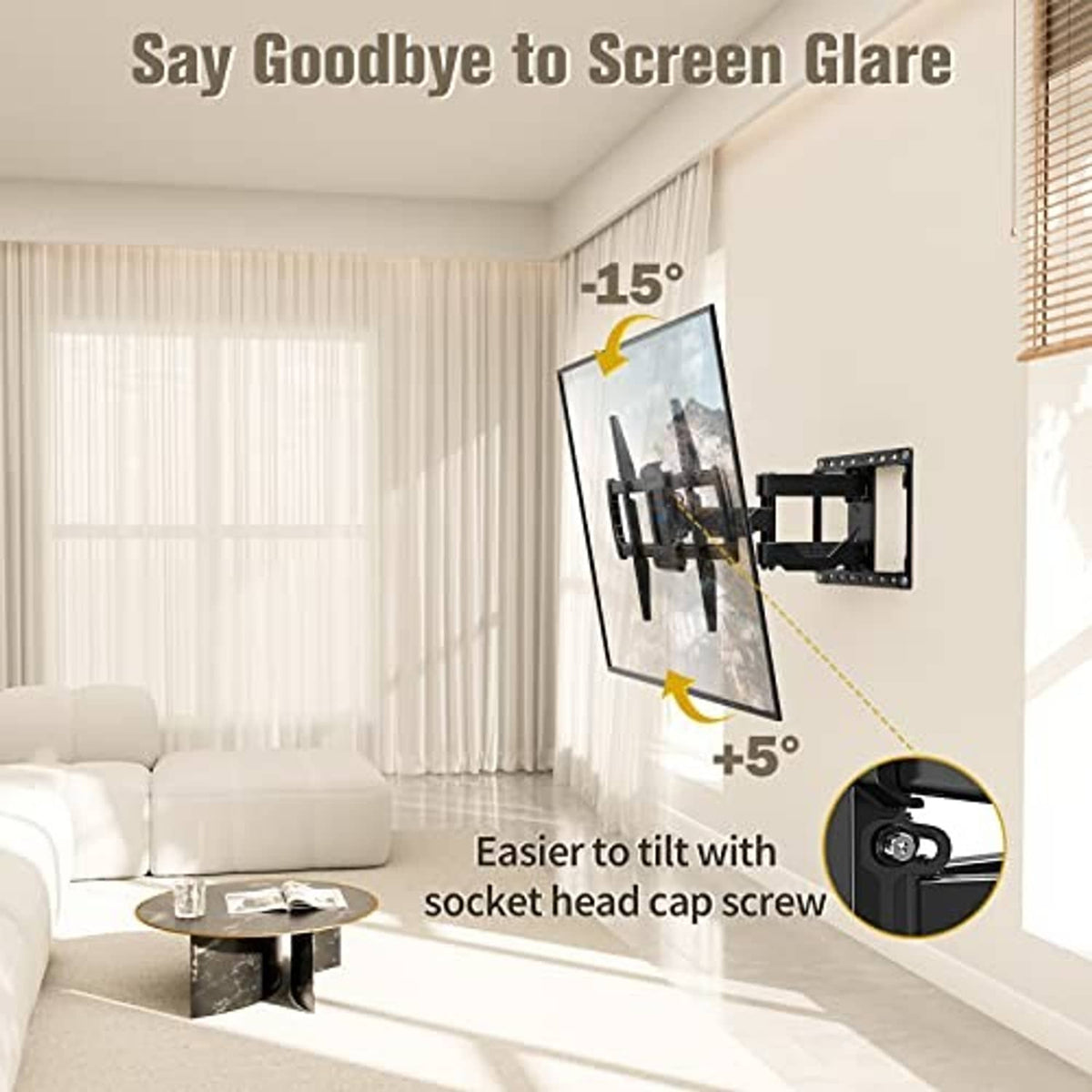 Full-motion TV wall mount bracket with tilted TV screen to reduce glare