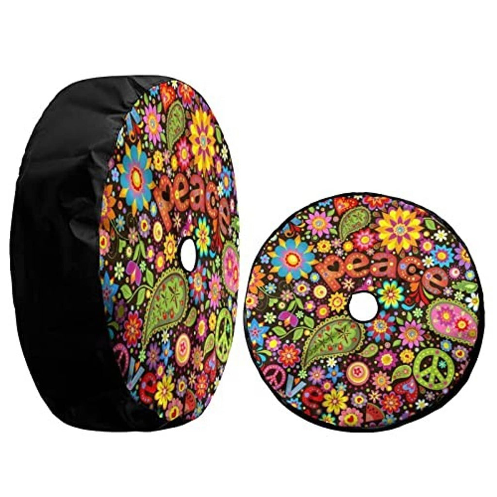Spare tire cover set with colorful floral peace design and center camera-hole cutout