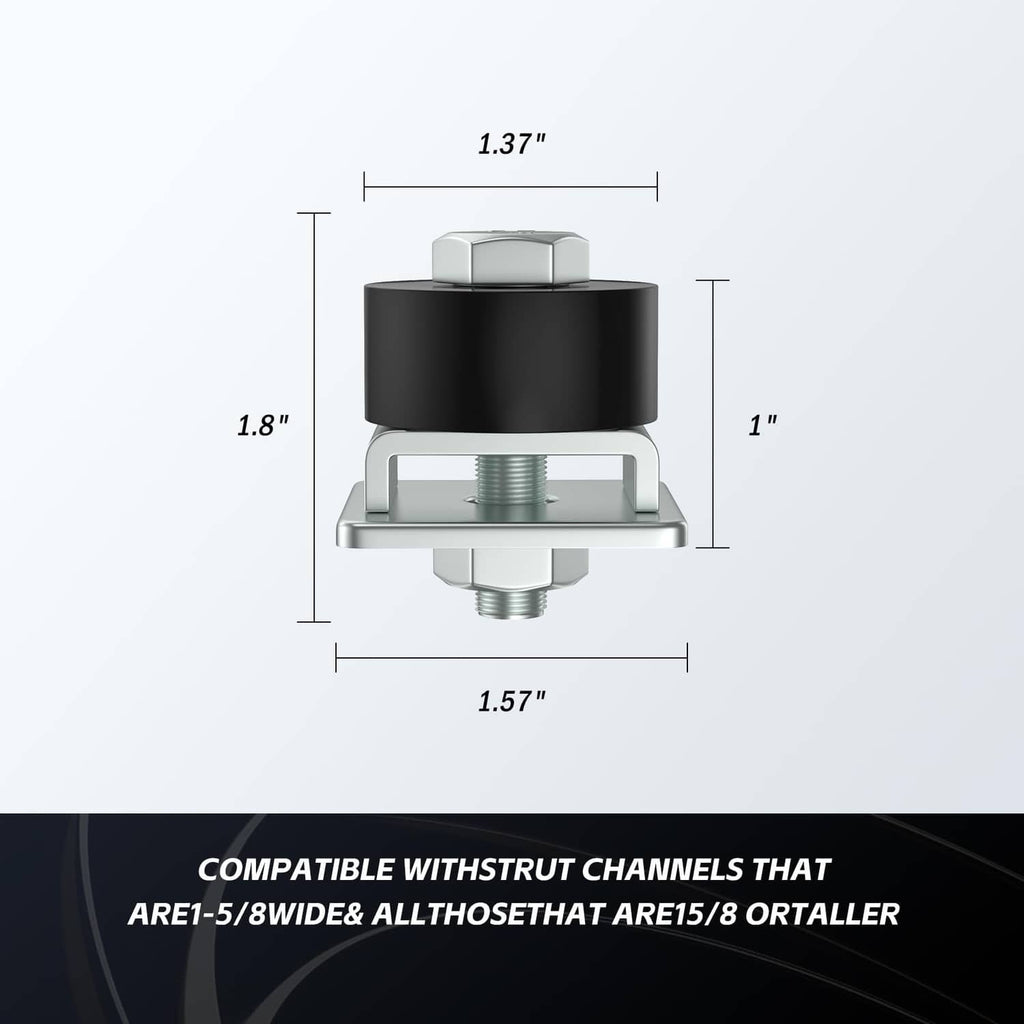 Black rubber trolley roller limit with silver metal housing, mounting base, and threaded bolt