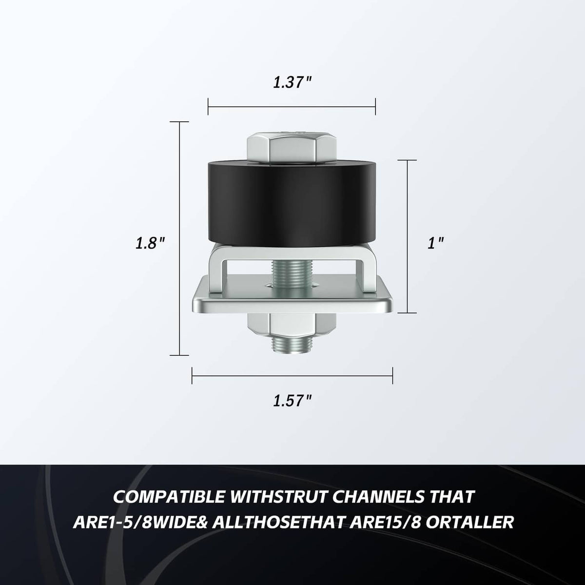Black rubber trolley roller limit with silver metal housing, mounting base, and threaded bolt