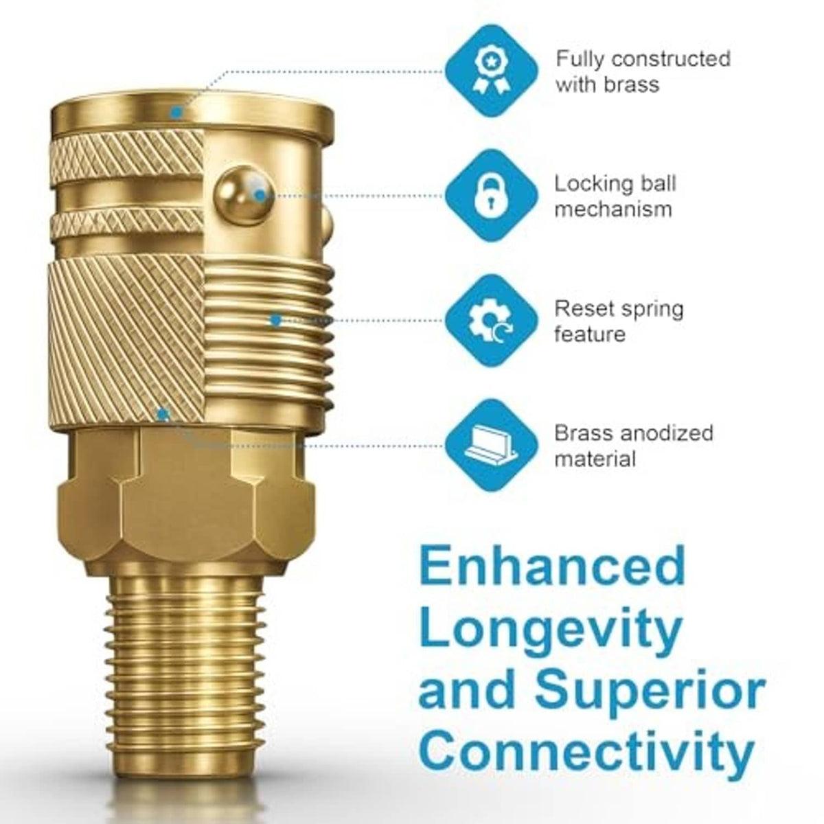 Brass air hose fitting with knurled sleeve, locking ball, and spring mechanism