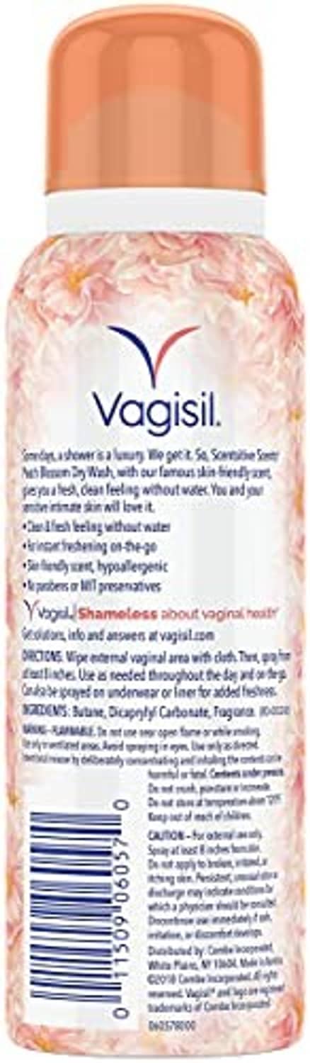 Vagisil dry wash deodorant spray bottle back label, orange cap, peach blossom scent