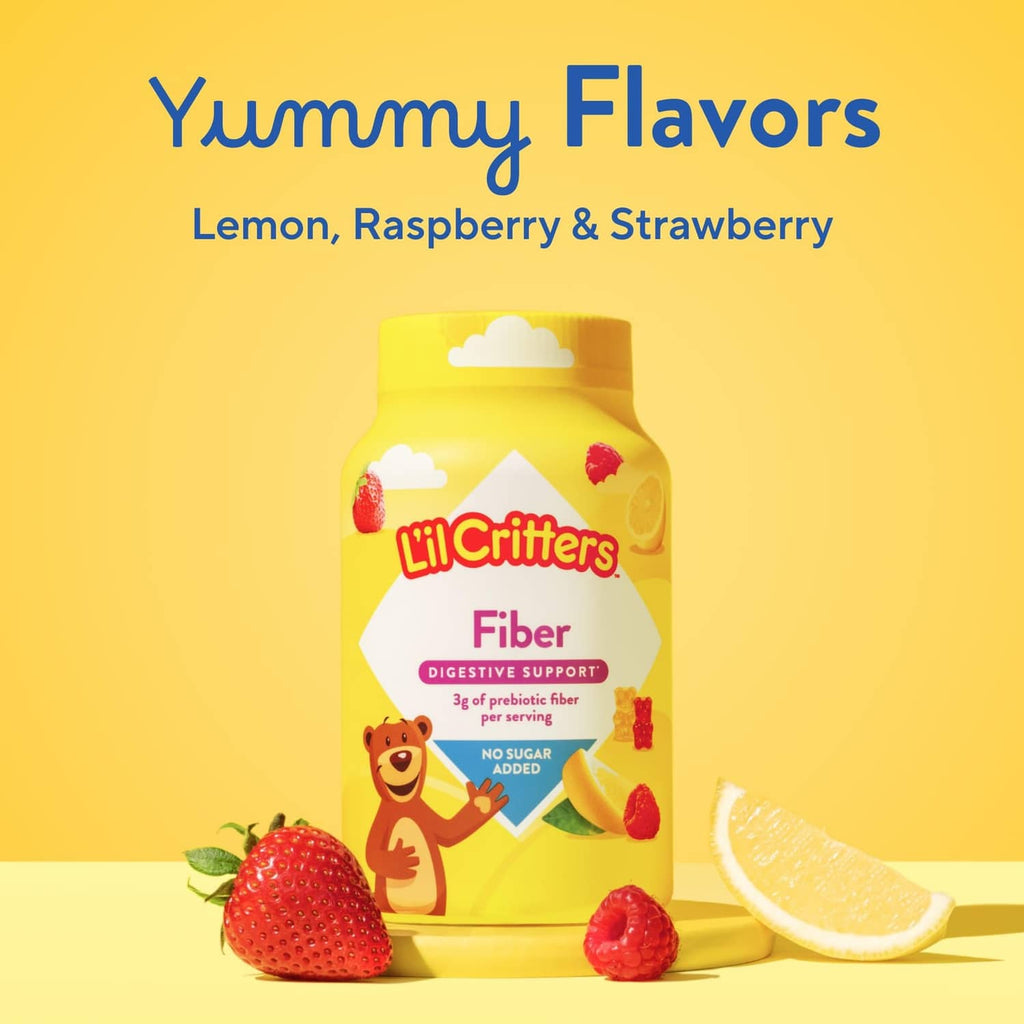 Kids fiber gummy bears bottle with lemon, raspberry, and strawberry flavors