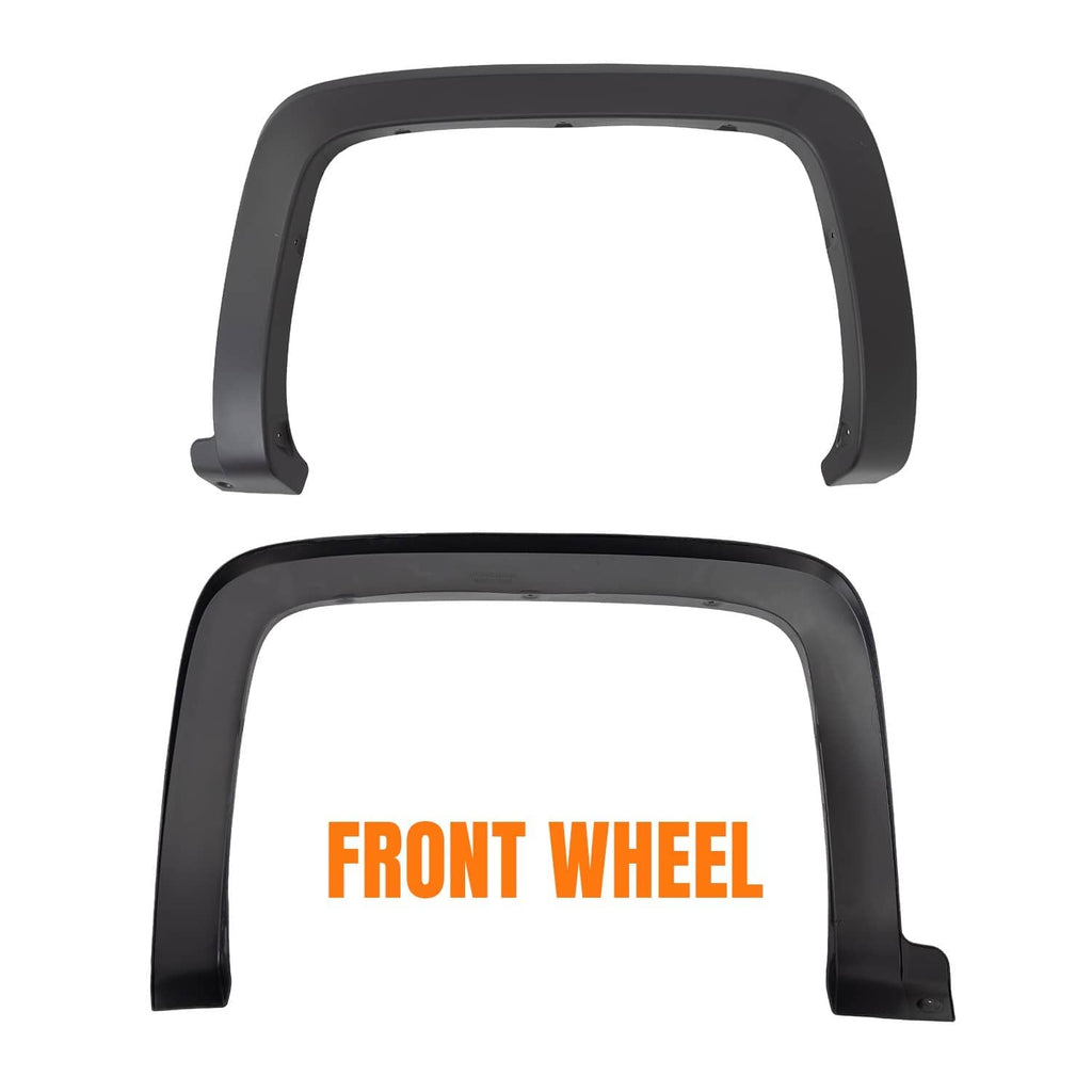 Pair of black front wheel fender flares, curved with molded edge tabs