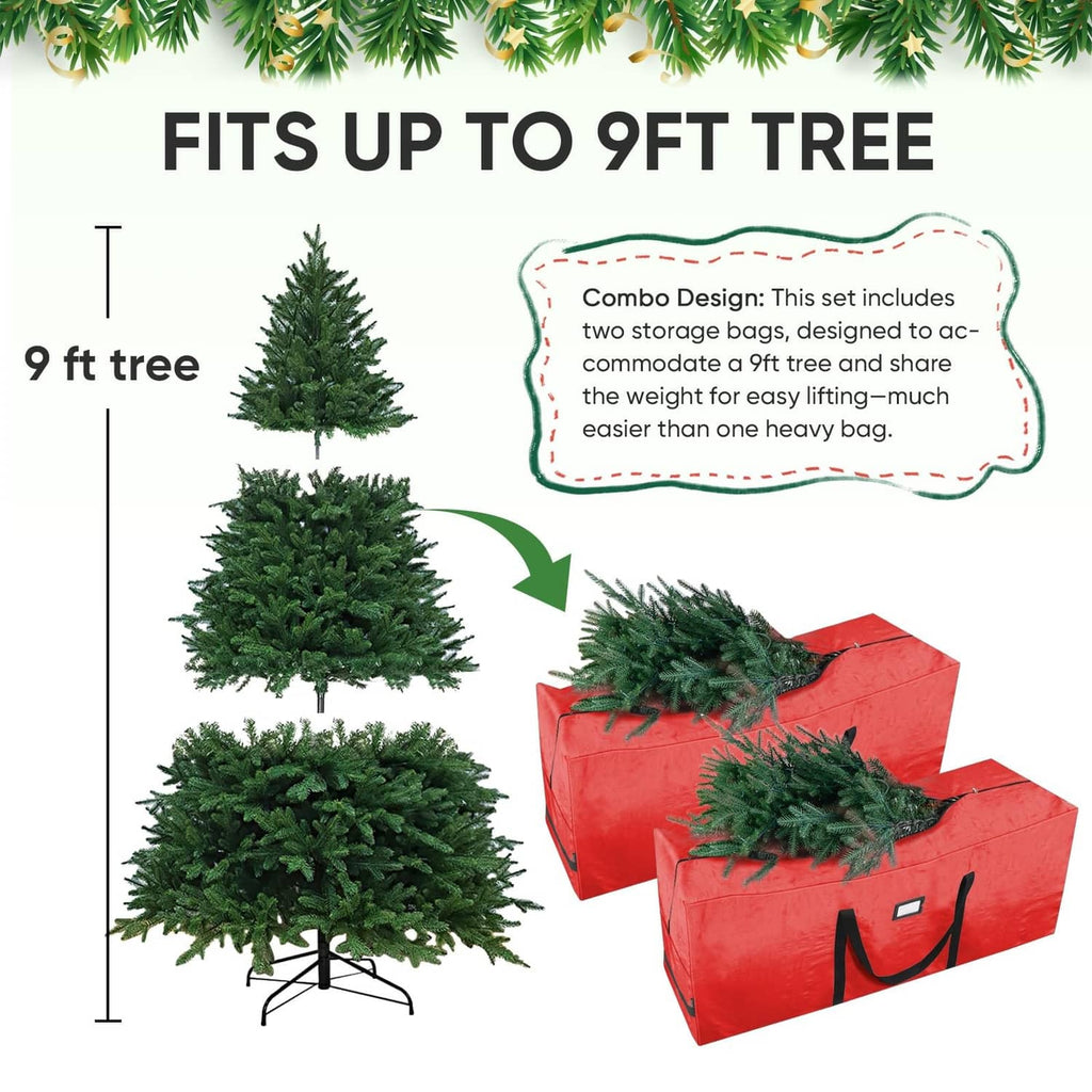 Christmas tree storage bag set for up to 9 ft, red bags with black carry handles