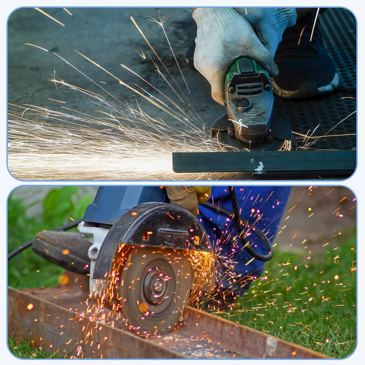 Angle grinder using black protective guard, sparks flying during cutting