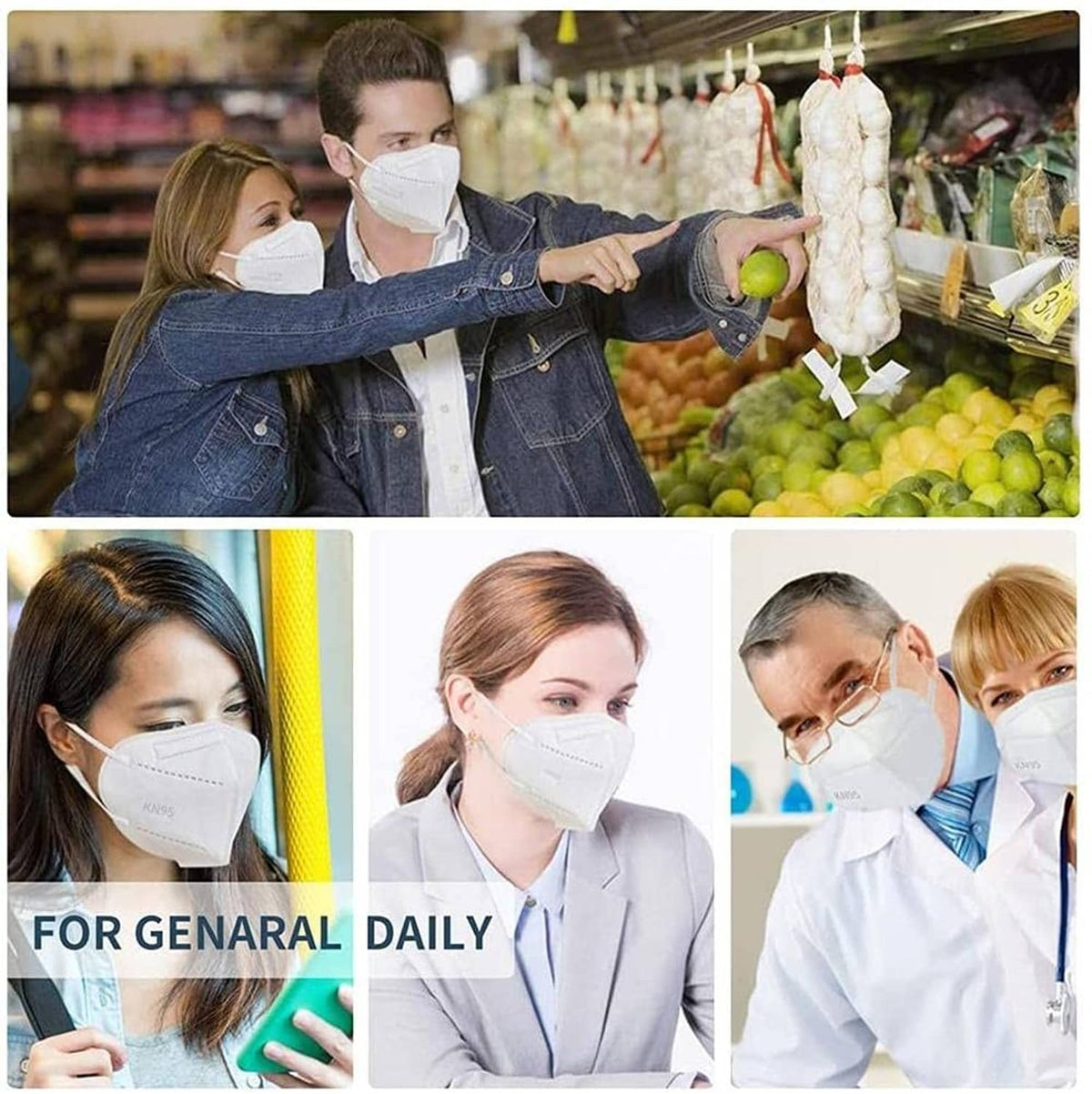 Adult and child wearing light gray KN95 face masks with ear loops outdoors.