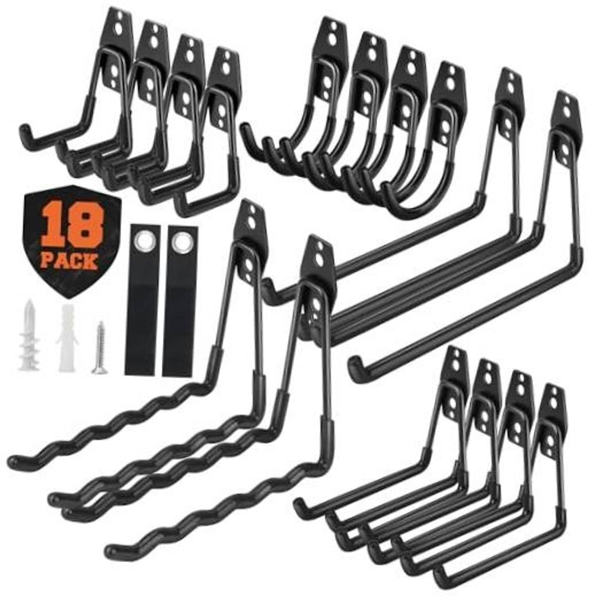 Heavy-duty steel garage storage hooks, 18-pack, black U-shaped hook set with mounting plates
