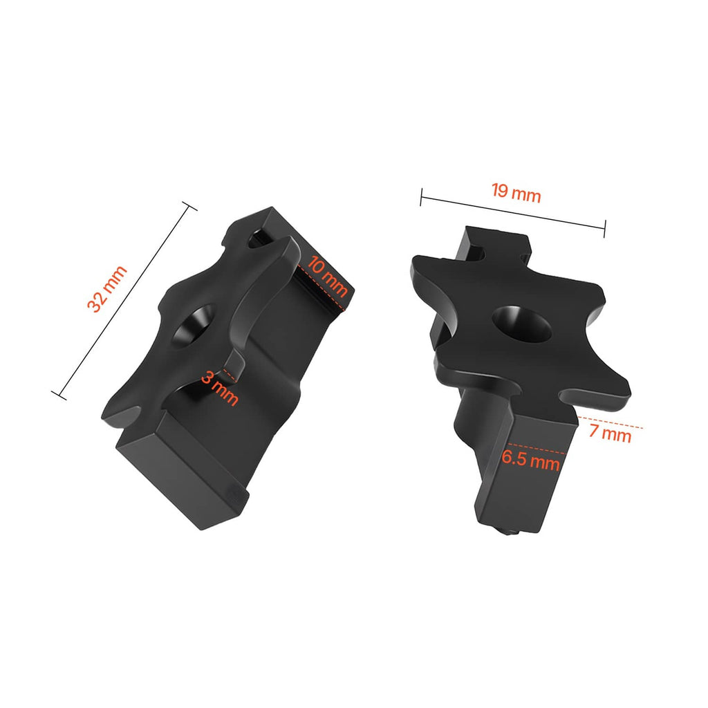 Black PP plastic T-clip fastener pair with labeled width, height, and screw gap