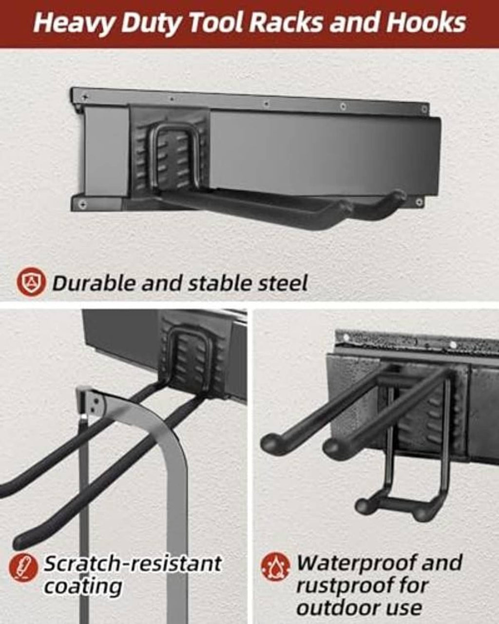 Black steel wall bracket and curved hooks for heavy-duty tool storage rack