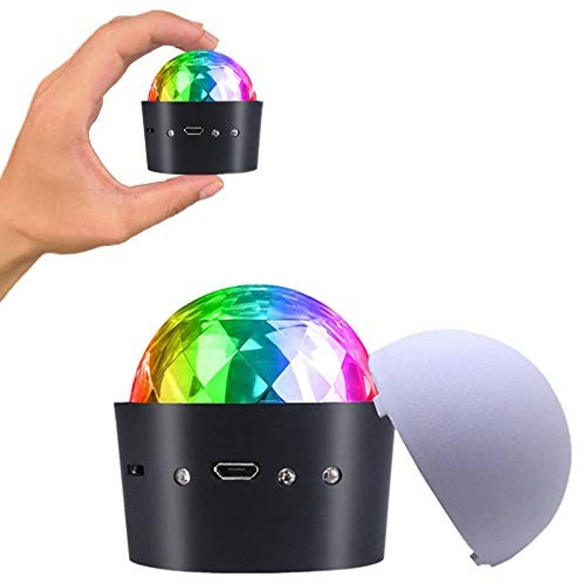 Mini disco light with rainbow dome and open gray cover on a matte black base