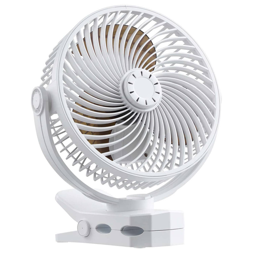 White portable USB rechargeable fan with front grille and adjustable clamp base