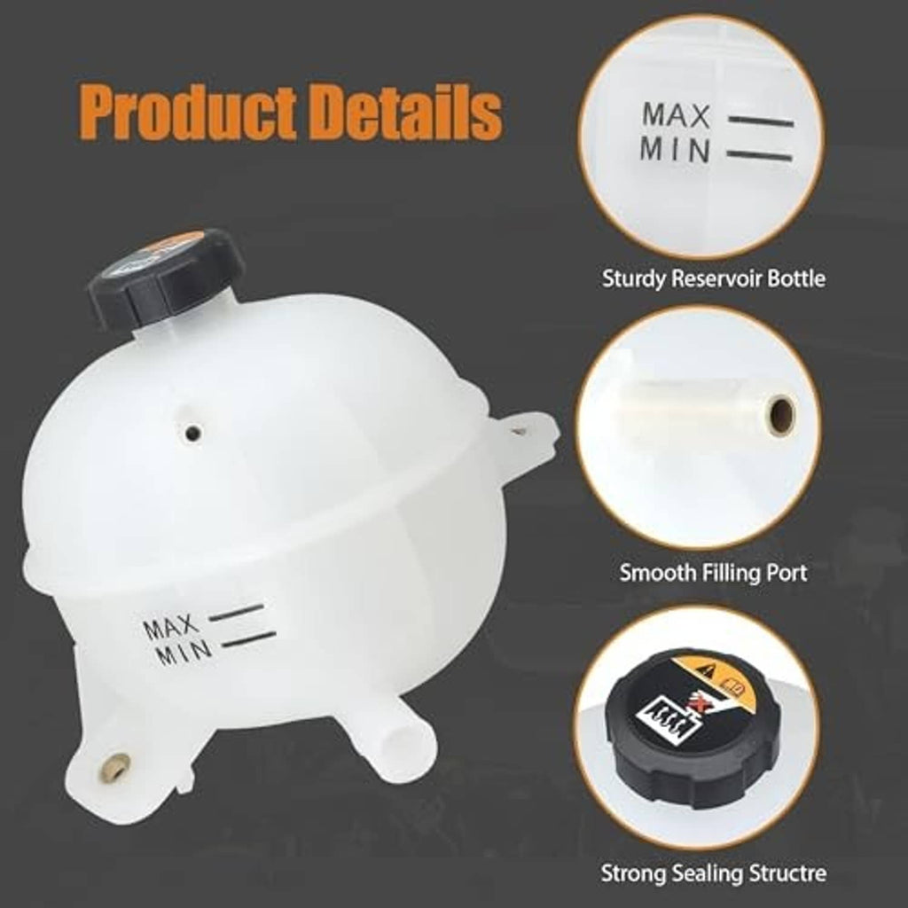 White coolant overflow reservoir bottle with black cap and smooth filling port