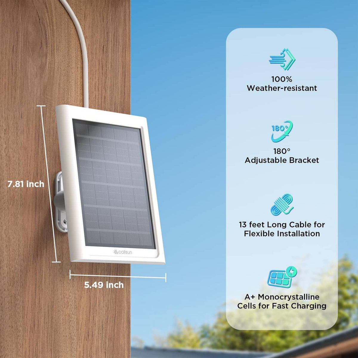 White solar panel with size callouts (5.49 in, 7.81 in) and 13 ft cable