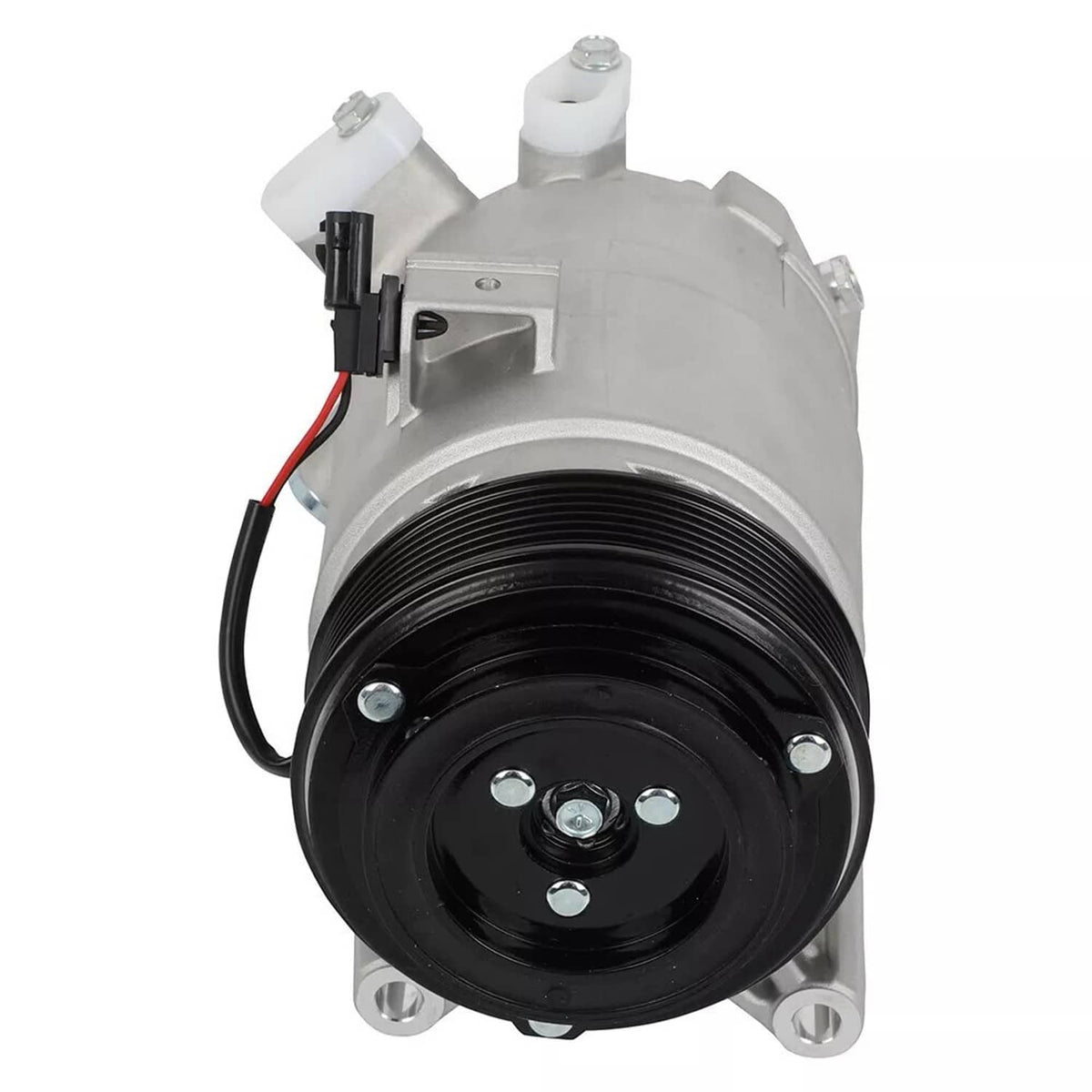 A/C compressor with black pulley and silver aluminum housing