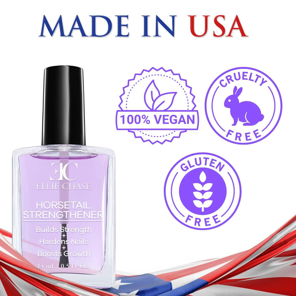 Purple nail strengthener polish bottle with black cap, front view