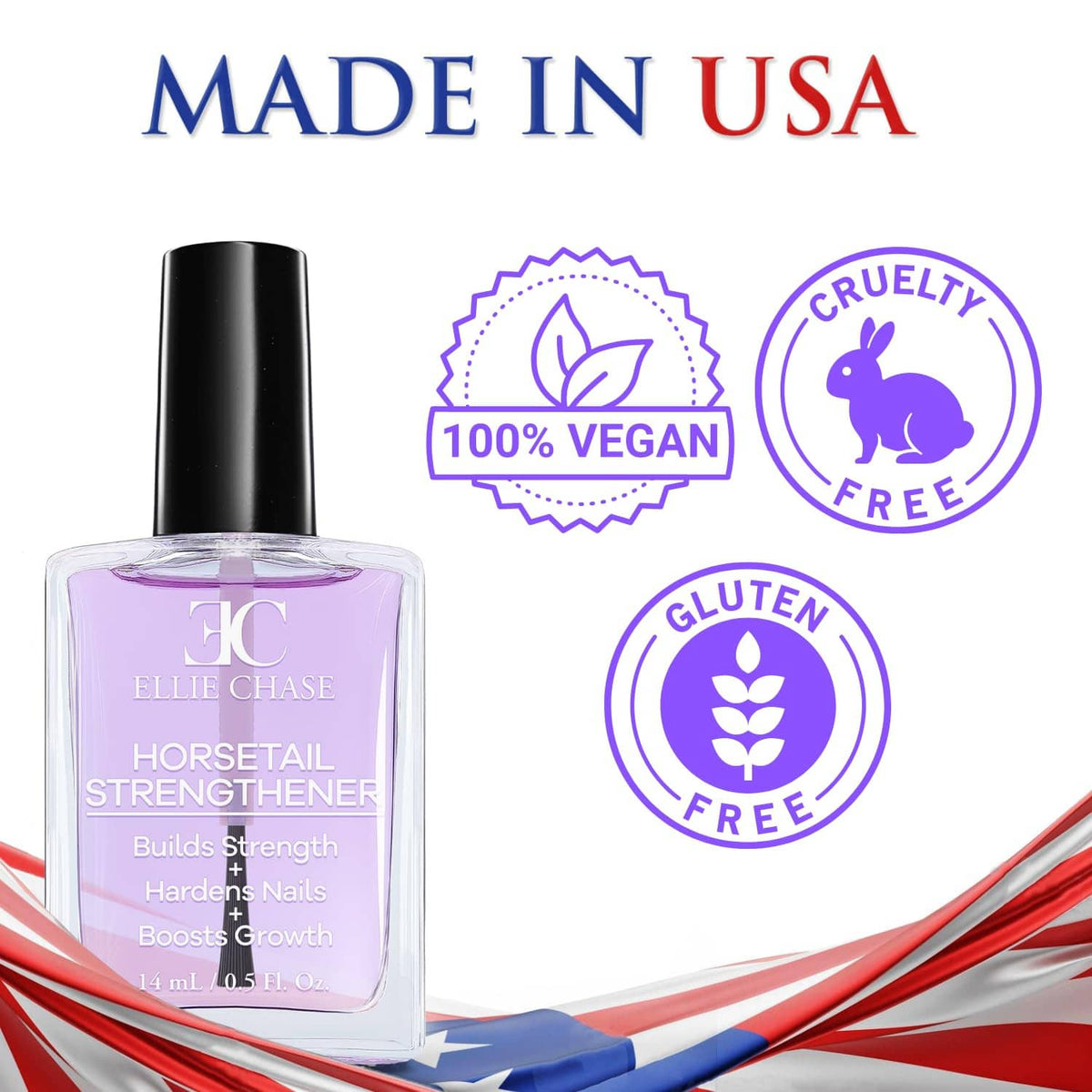 Purple nail strengthener polish bottle with black cap, front view