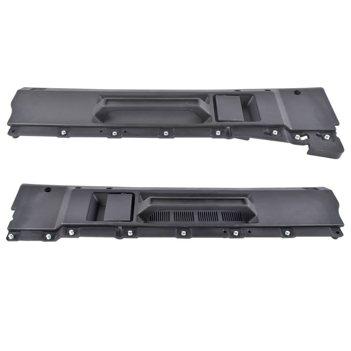 Dark gray interior door handle trim panel with recessed handle opening