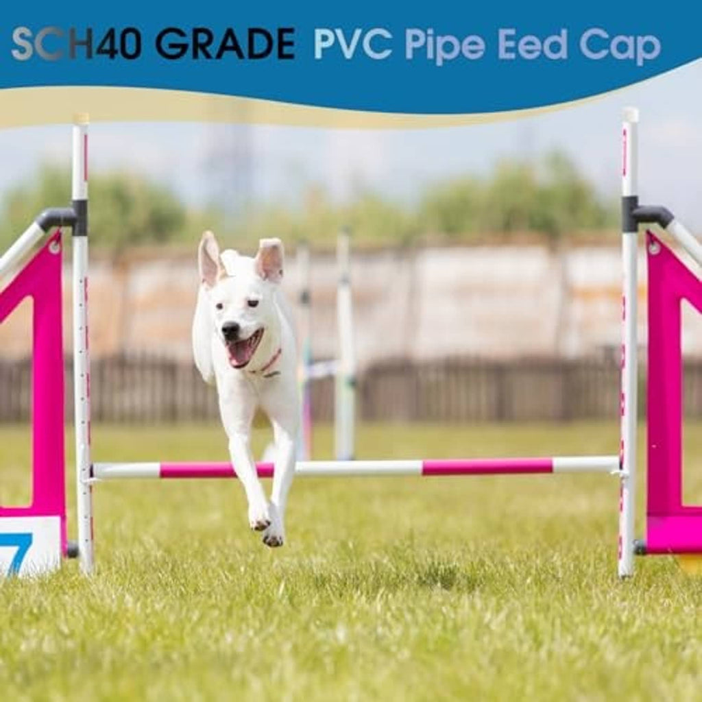 White PVC pipe end caps on outdoor PVC fence rails