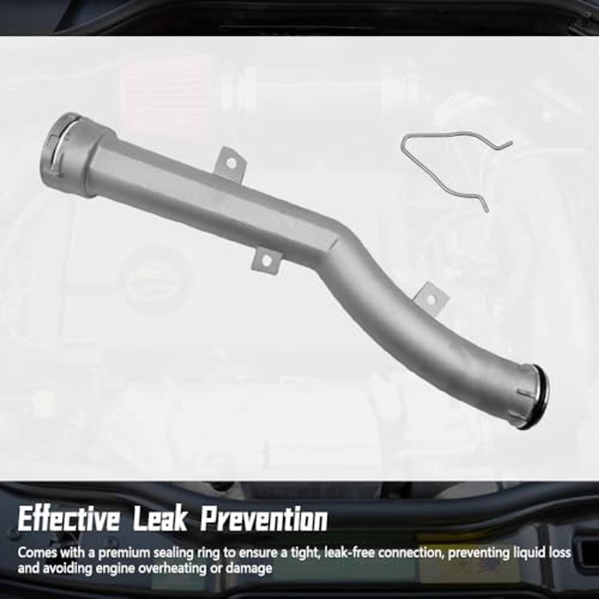 Aluminum coolant pipe with sealing ring and mounting tabs, silver