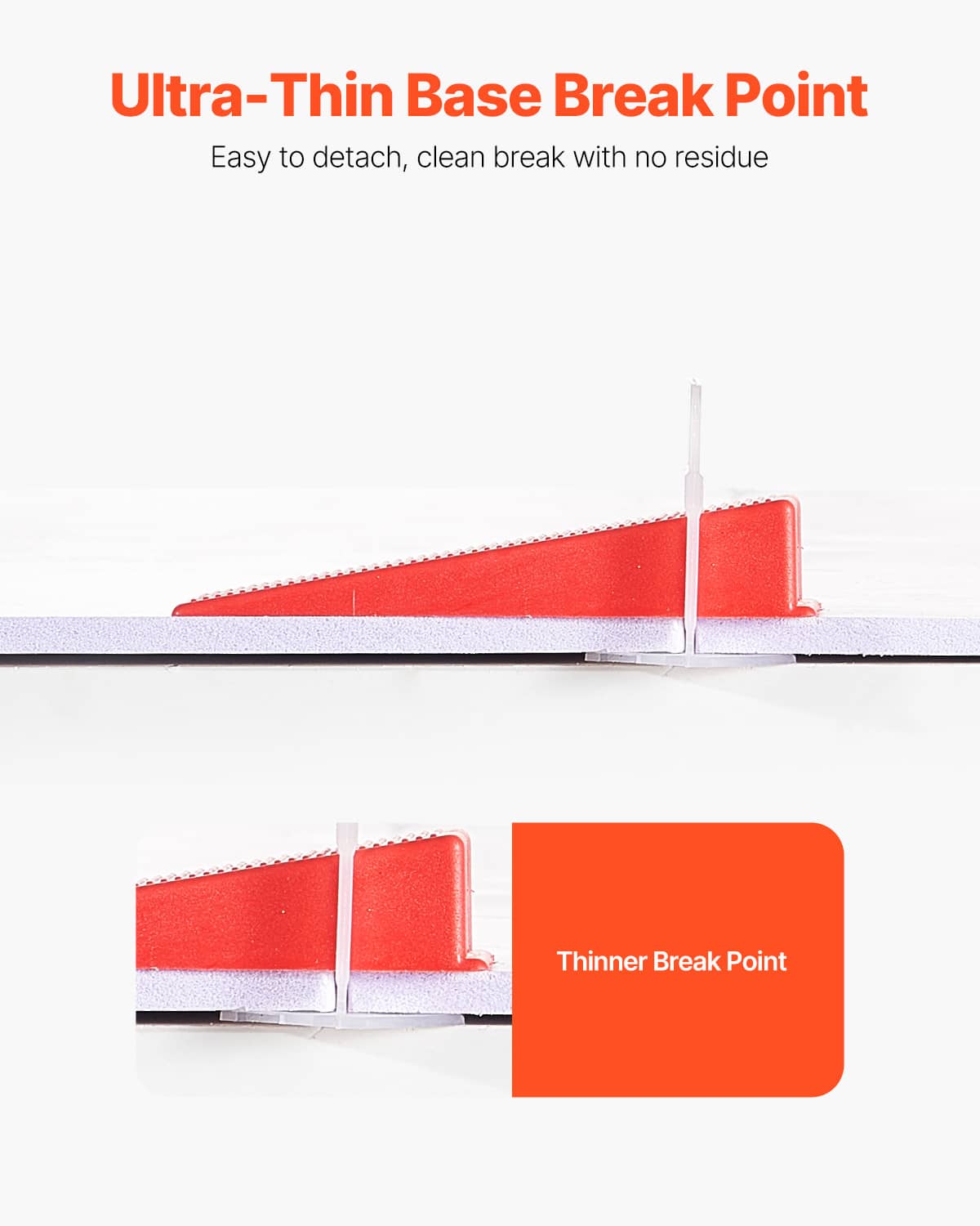 Red tile leveling clip with thin break point for easy removal without residue