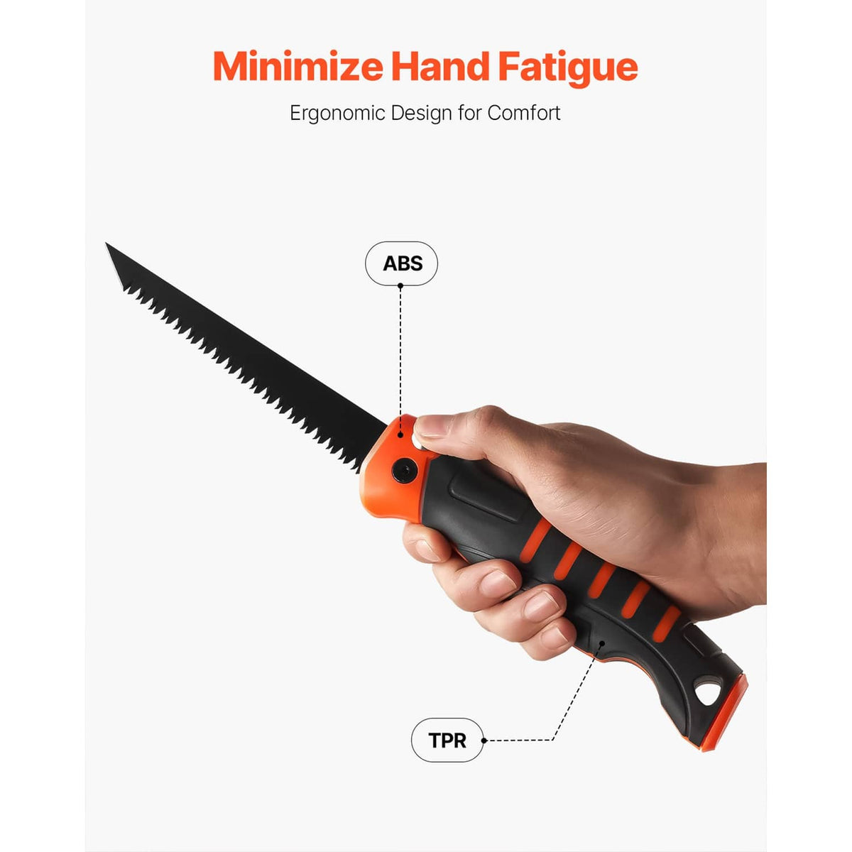 Ergonomic hand saw with black and orange handle for reduced hand fatigue