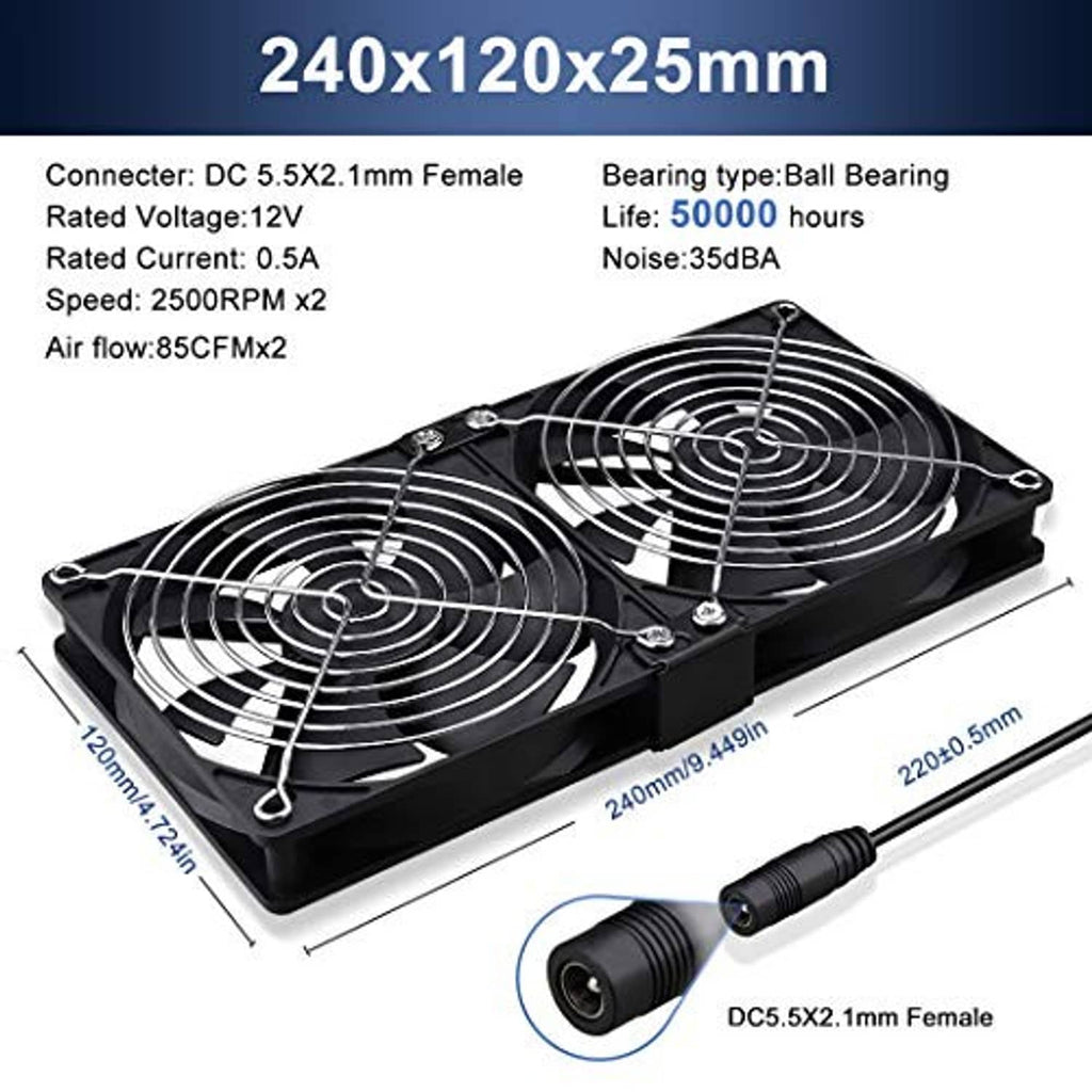 Dual 120mm cabinet fan set with DC 5.5x2.1mm cable and black mounting frame
