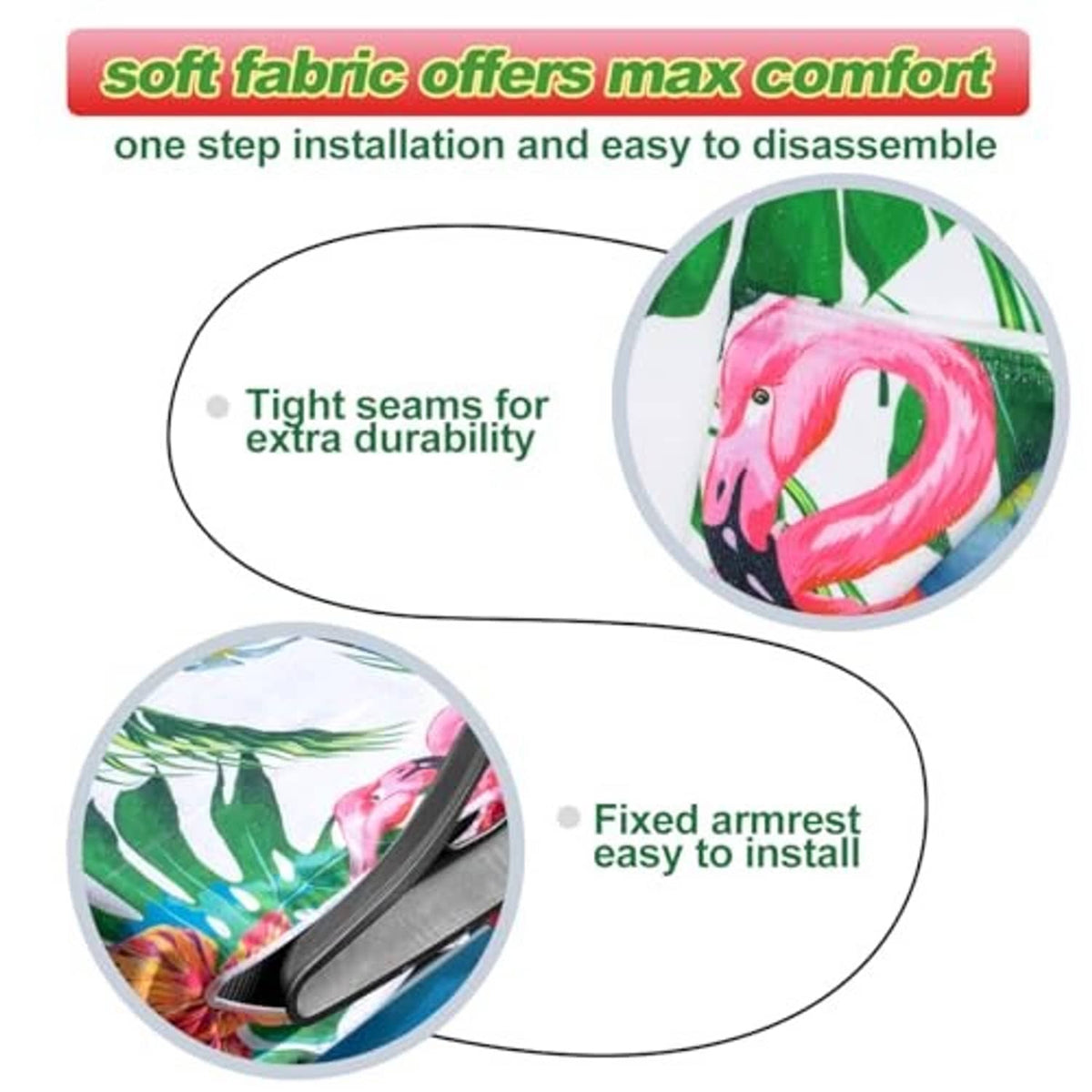 Printed seat cover fabric with pink flamingos and green tropical leaves detail
