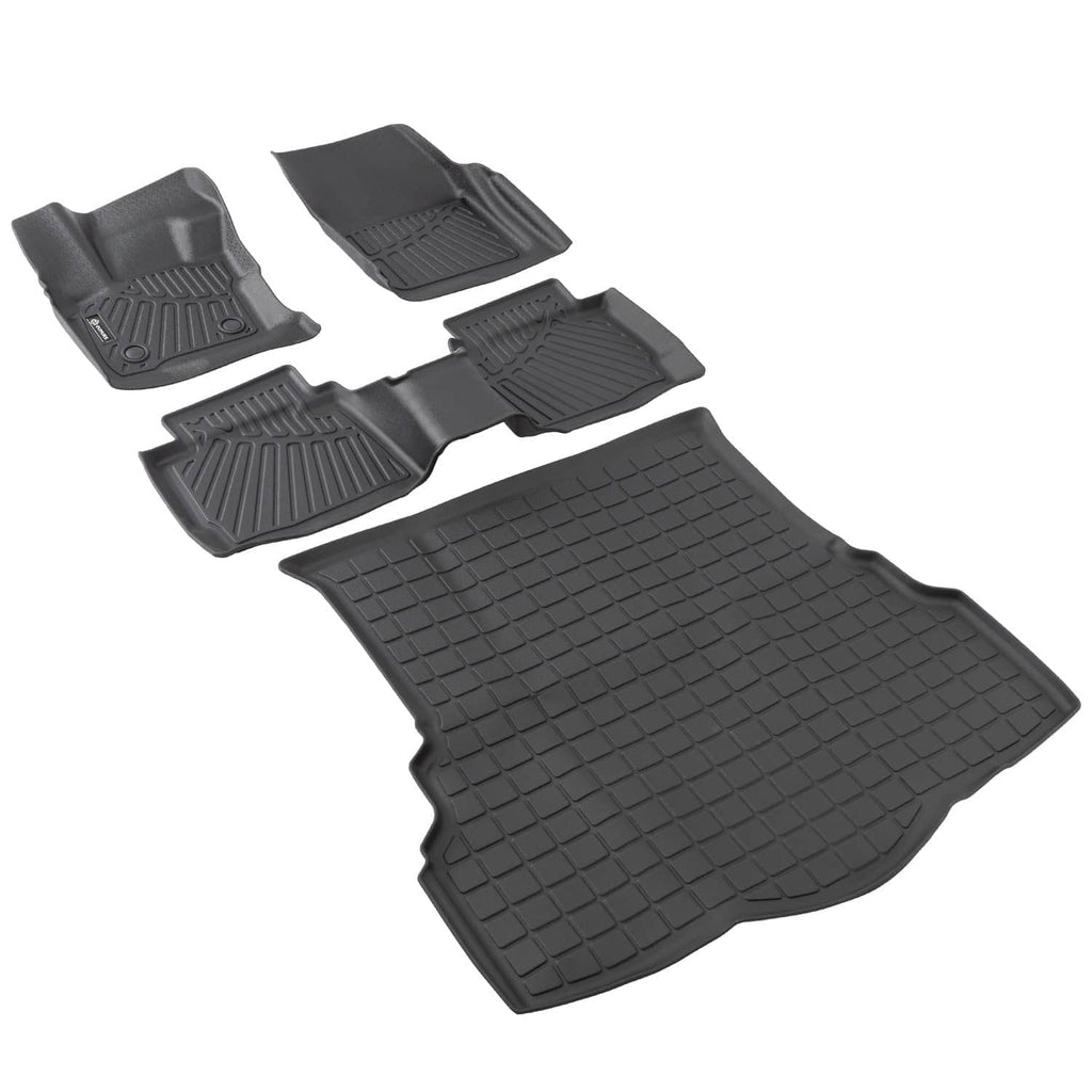 Black rubber floor mats and trunk liner set with grid texture and raised channel lines
