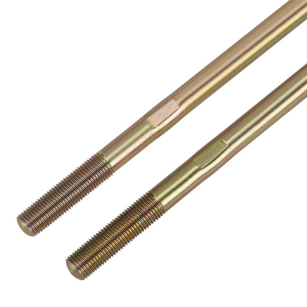 Close-up of two gold-tone threaded tie rod ends
