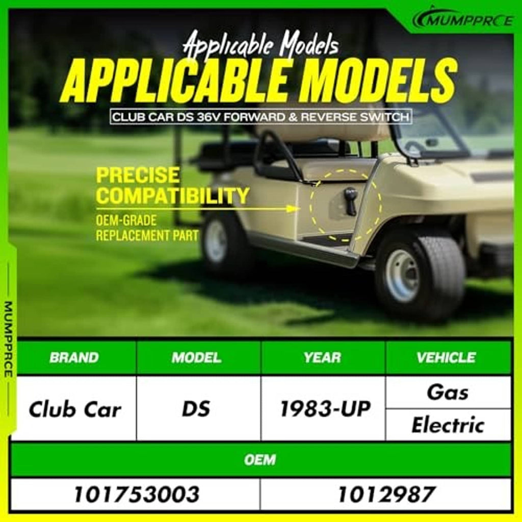Forward-reverse switch graphic showing club car model compatibility for 36V gas/electric.