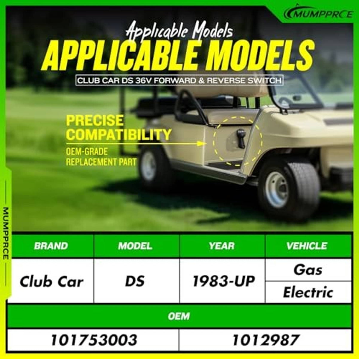 Forward-reverse switch graphic showing club car model compatibility for 36V gas/electric.