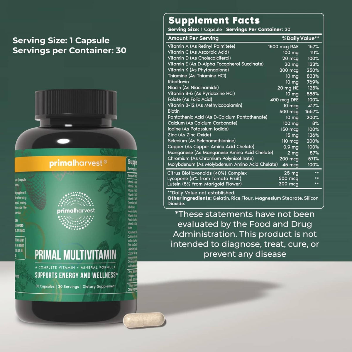 Multivitamin supplement bottle with Supplement Facts panel and single white capsule.
