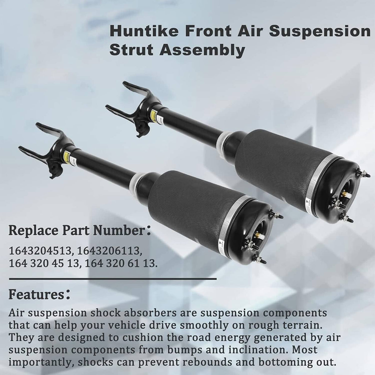 Two front air suspension struts with black shock bodies and top mounting caps