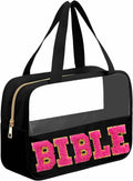 Black bible tote bag with pink glitter chenille-style 'BIBLE' letters and front zipper