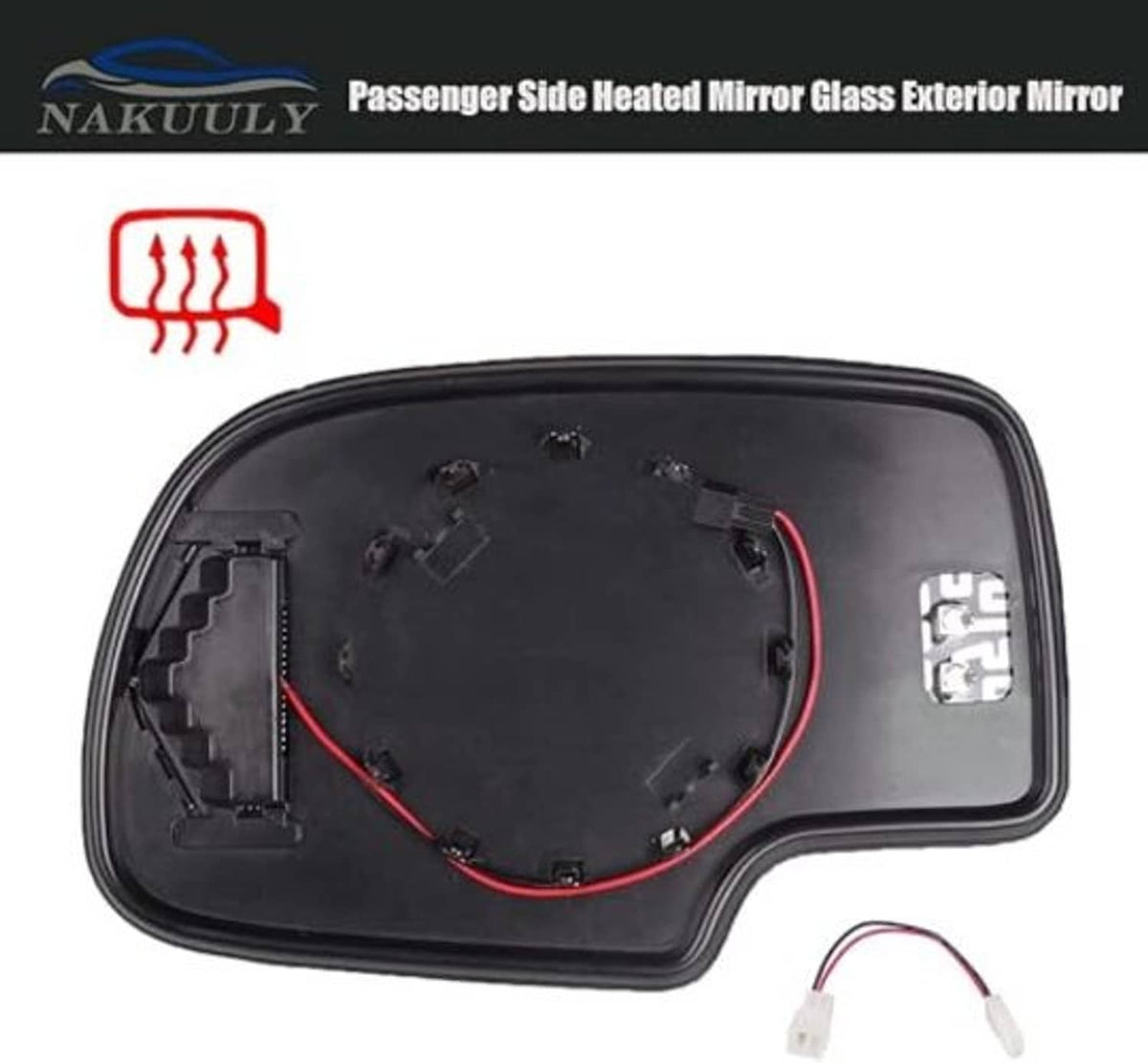 Heated mirror glass backing and housing with connector wiring, matte black