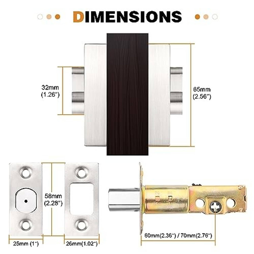 Brushed nickel double cylinder deadbolt with mounting hardware and dimension diagram