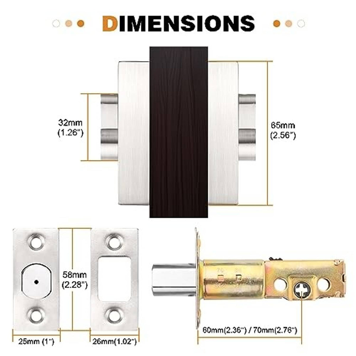 Brushed nickel double cylinder deadbolt with mounting hardware and dimension diagram