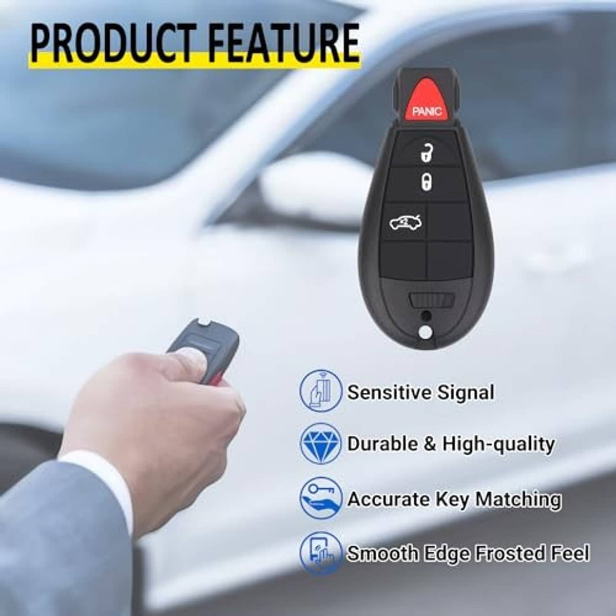 Black key fob with red PANIC button, lock/unlock icons, and key ring