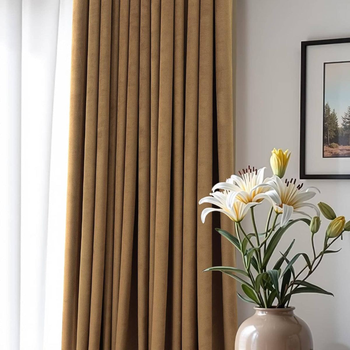 Gold brown velvet curtain panel with vertical pleats on a window wall.