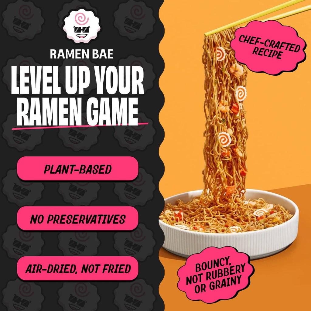 Protein ramen noodles in bowl with plant-based and no preservatives labels